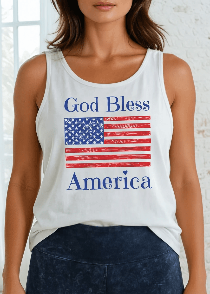 Crazy Cozy Cool Sleeveless Tops and Tanks White / God Bless America / Small God Bless America Patriotic USA Made White Tank Top