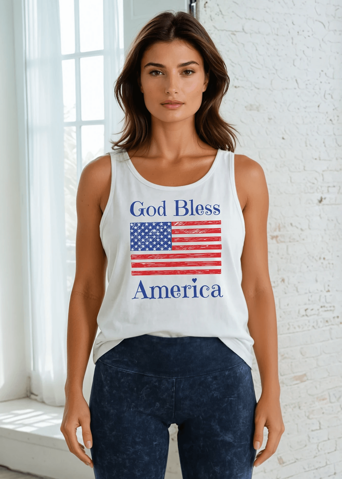 Crazy Cozy Cool Sleeveless Tops and Tanks God Bless America Patriotic USA Made White Tank Top