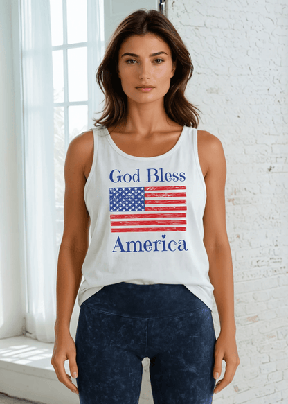 Crazy Cozy Cool Sleeveless Tops and Tanks God Bless America Patriotic USA Made White Tank Top