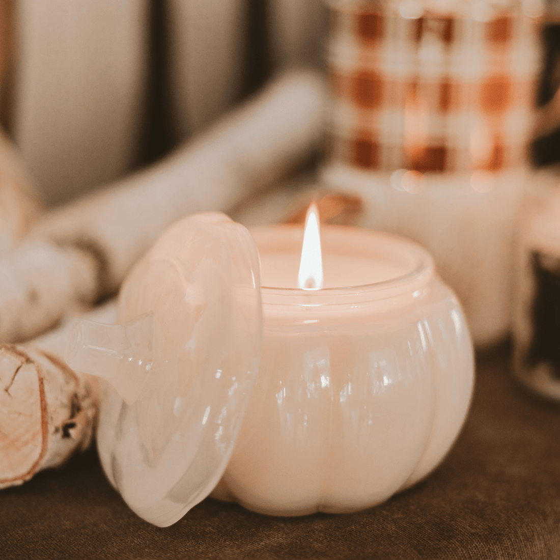 Warm and Cozy Soy Candle - White Translucent Glass Pumpkin Jar - 20 oz