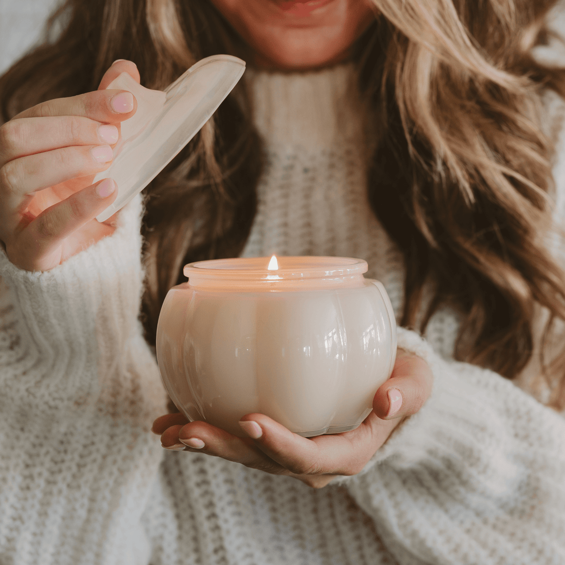 Warm and Cozy Soy Candle - White Translucent Glass Pumpkin Jar - 20 oz