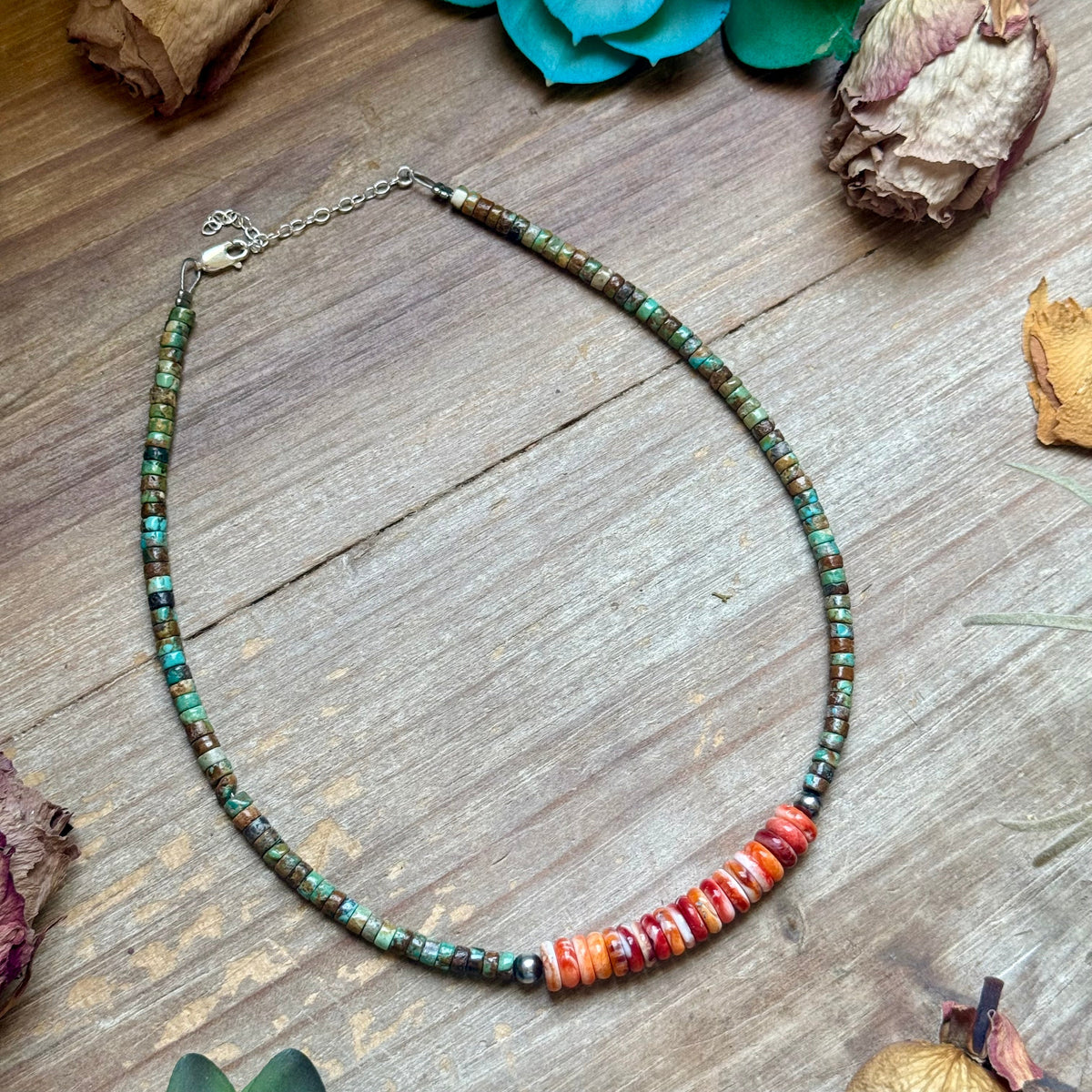 Green Turquoise &amp; Orange Spiny Oyster Fall Necklace