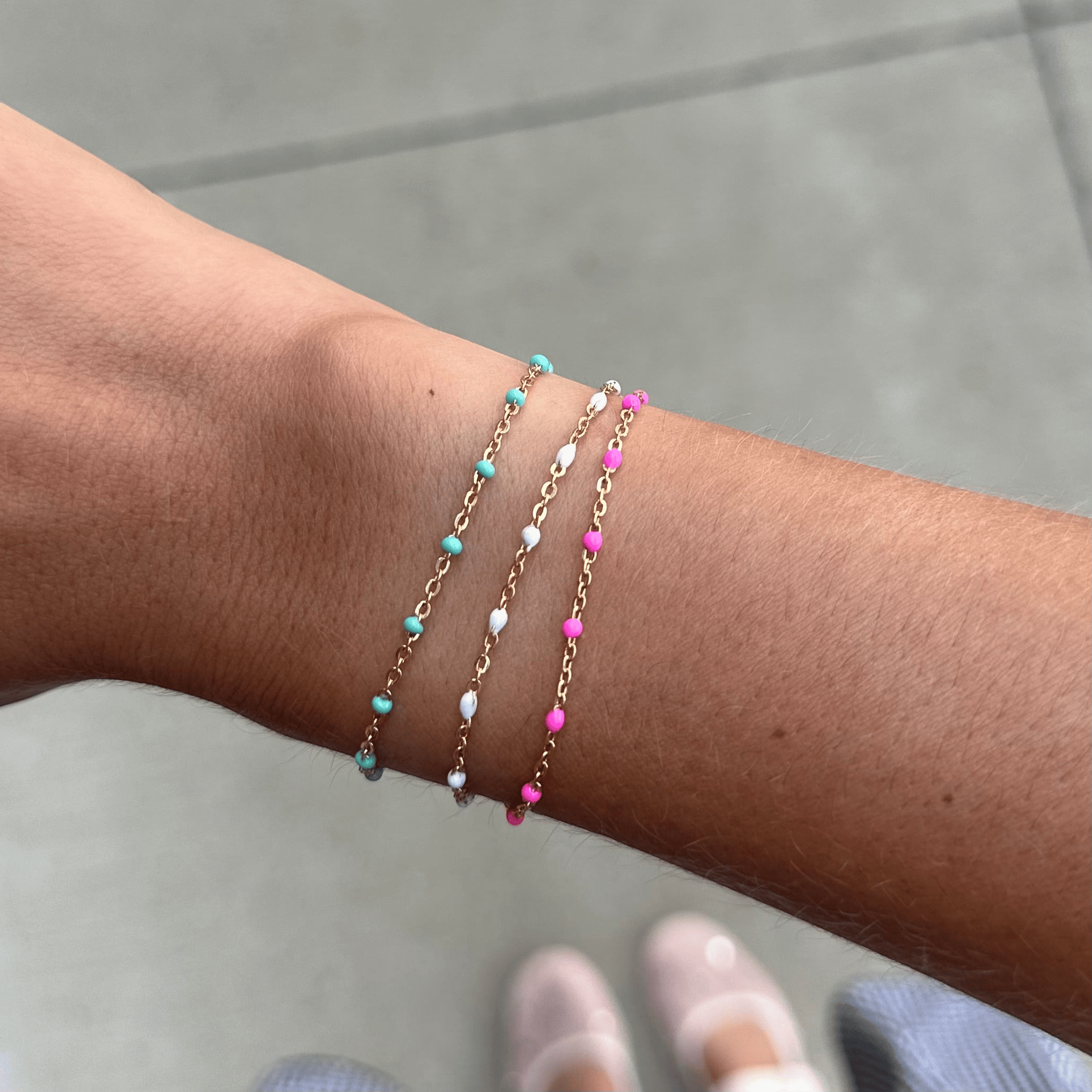 Cuffed by Nano LLC turquoise + pink + white daisy bracelet triple stack