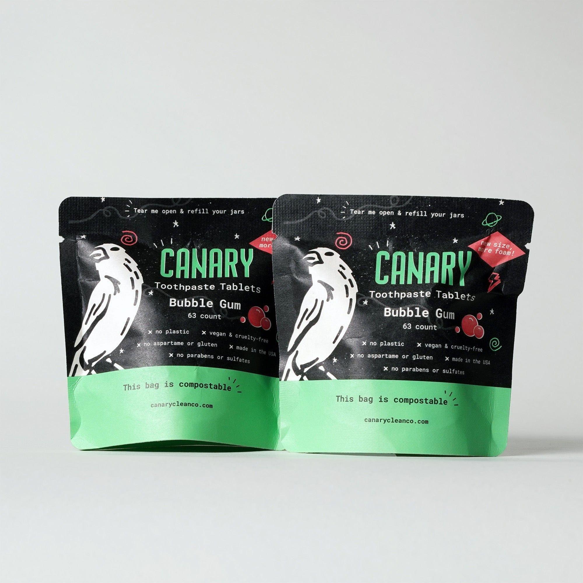Canary Toothpaste Tablets 2-pack of the sample pouches - 126 tablets Bubble Gum Toothpaste Tablets