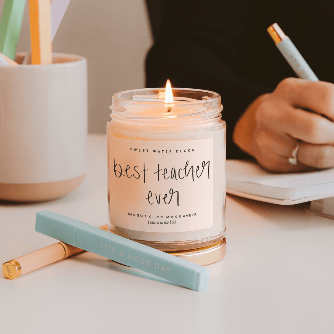 Sweet Water Decor Candles Best Teacher Ever Soy Candle - Clear Jar - 9 oz (Salt and Sea)