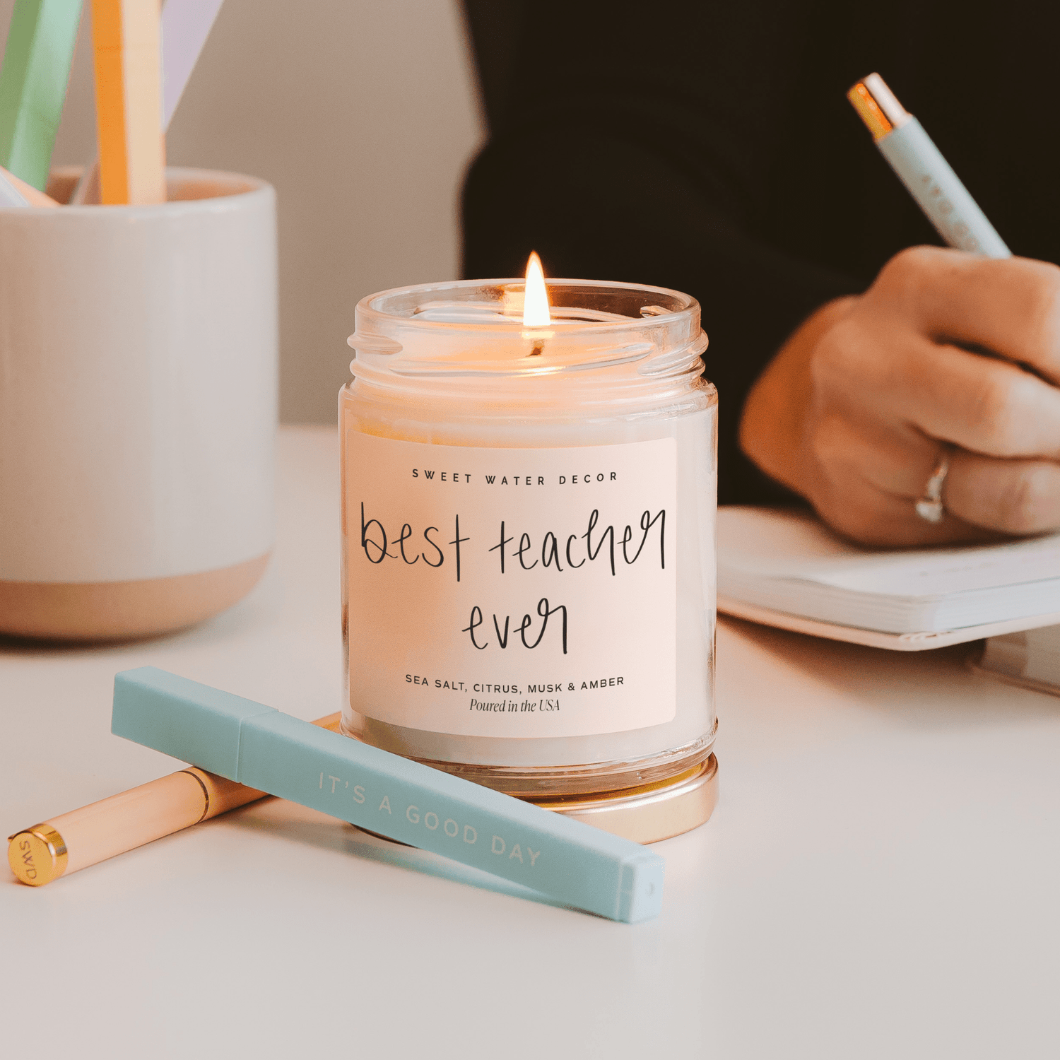 Sweet Water Decor Candles Best Teacher Ever Soy Candle - Clear Jar - 9 oz (Salt and Sea)