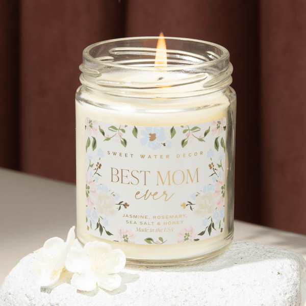 Best Mom Ever Soy Patterned Candle - Clear Jar - 9 oz (Wildflowers and Salt) - My American Goods