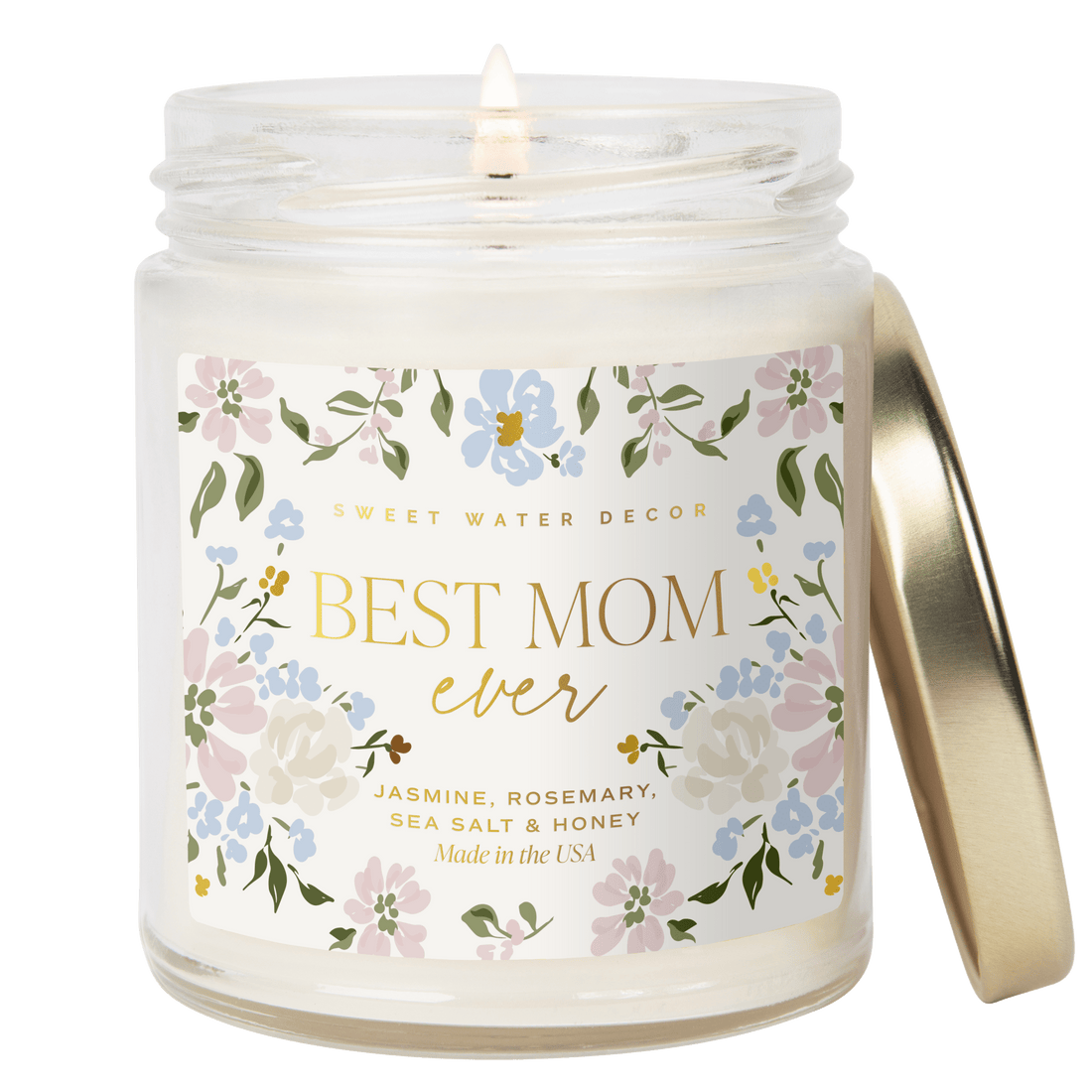 Best Mom Ever Soy Patterned Candle - Clear Jar - 9 oz (Wildflowers and Salt) - My American Goods