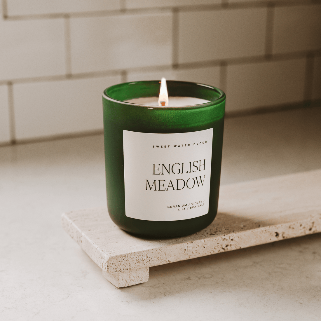 English Meadow Soy Candle - Green Matte Jar - 15 oz (Wildflowers and Salt) - My American Goods