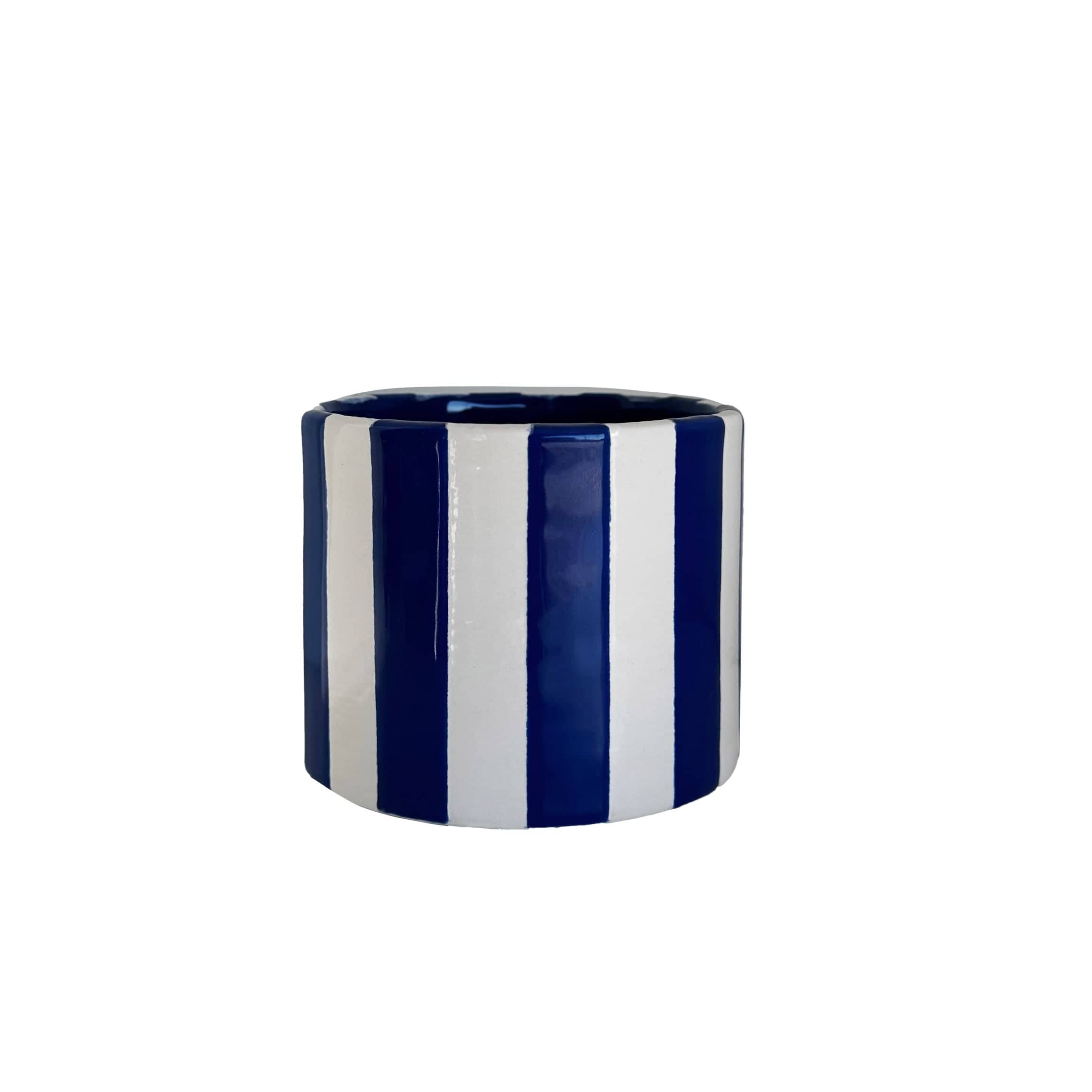 Ruby Clay Company Small / Candle of Pure Beeswax / Dutch Boy Blue Big Top Stripes Handpoured Candle &amp; Vase