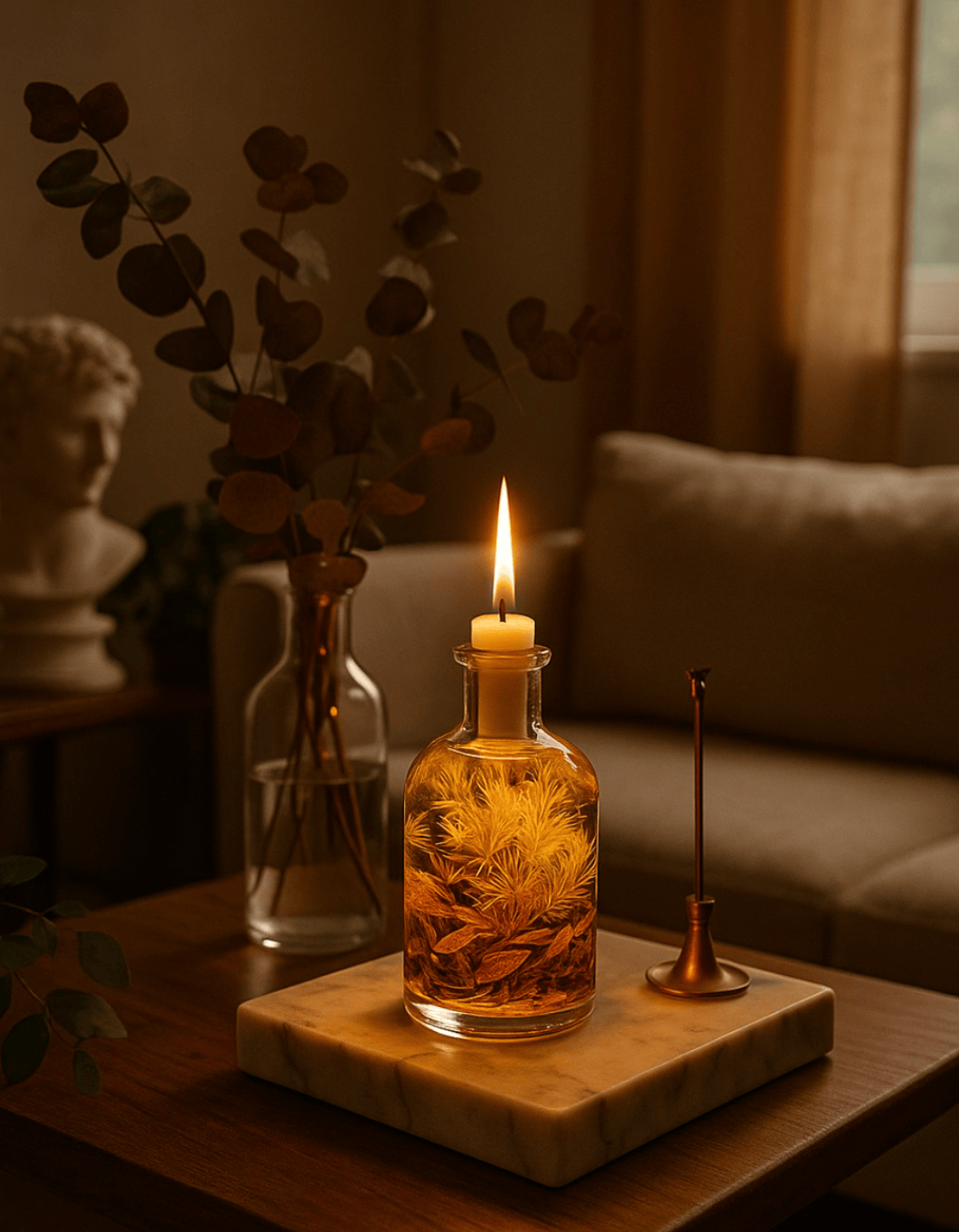 Candle in a decorative bottle on a wooden surface with a cozy indoor setting.