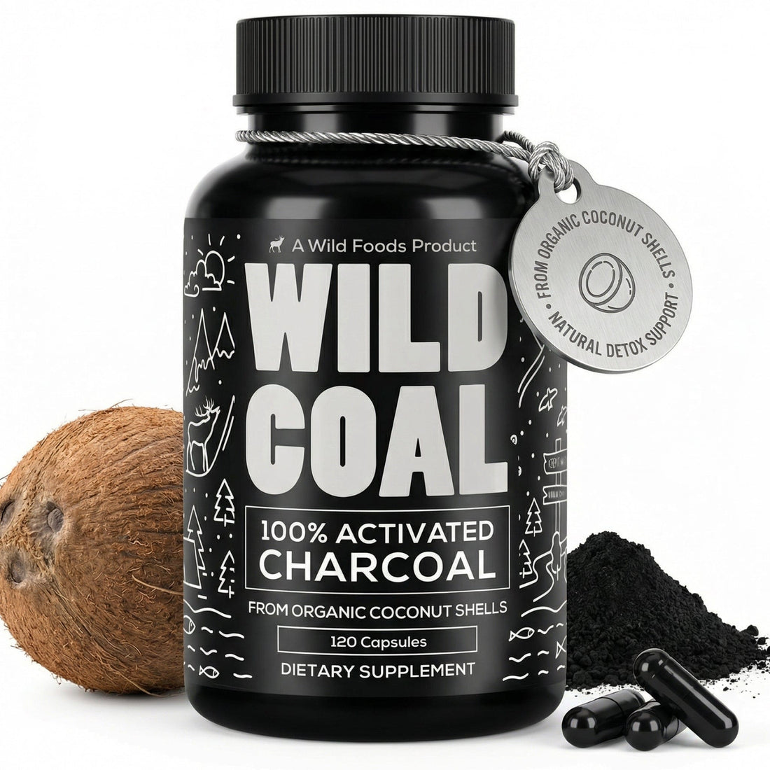Wild Foods Supplements Activated Charcoal Capsules – 100% Organic Coconut Shells
