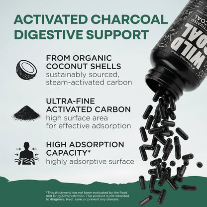 Wild Foods Supplements Activated Charcoal Capsules – 100% Organic Coconut Shells
