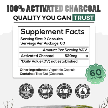 Wild Foods Supplements Activated Charcoal Capsules – 100% Organic Coconut Shells