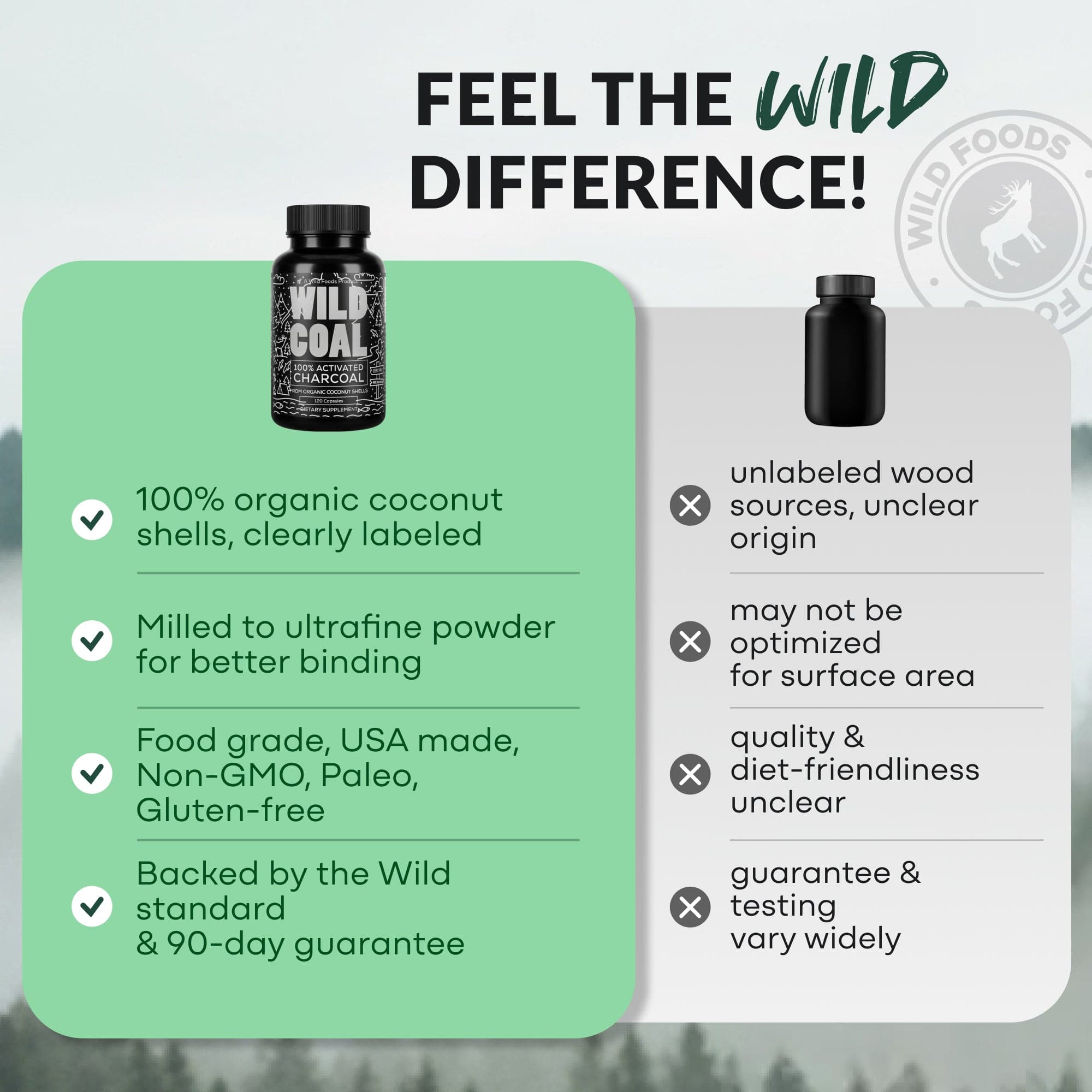 Wild Foods Supplements Activated Charcoal Capsules – 100% Organic Coconut Shells
