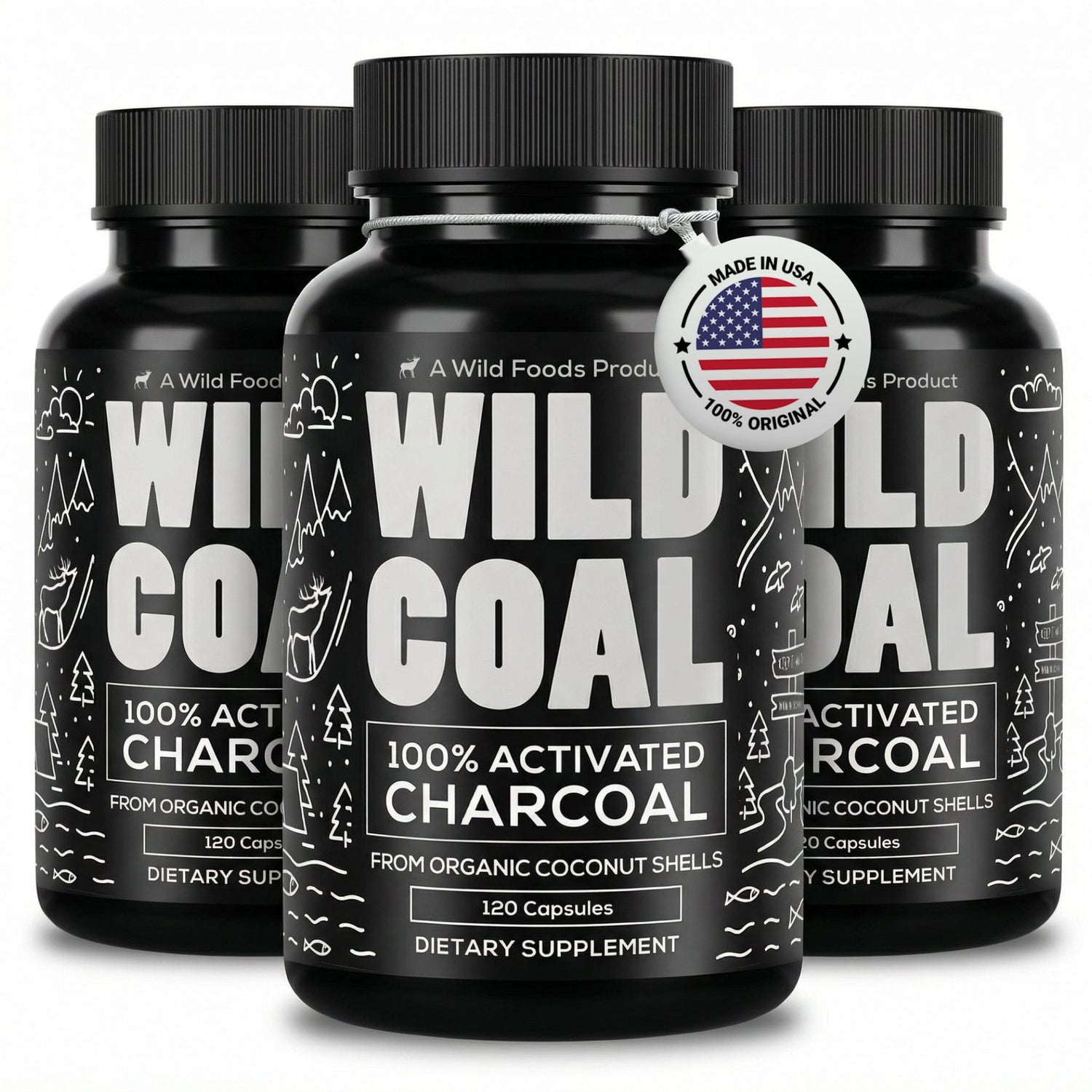 Wild Foods Supplements Activated Charcoal Capsules – 100% Organic Coconut Shells