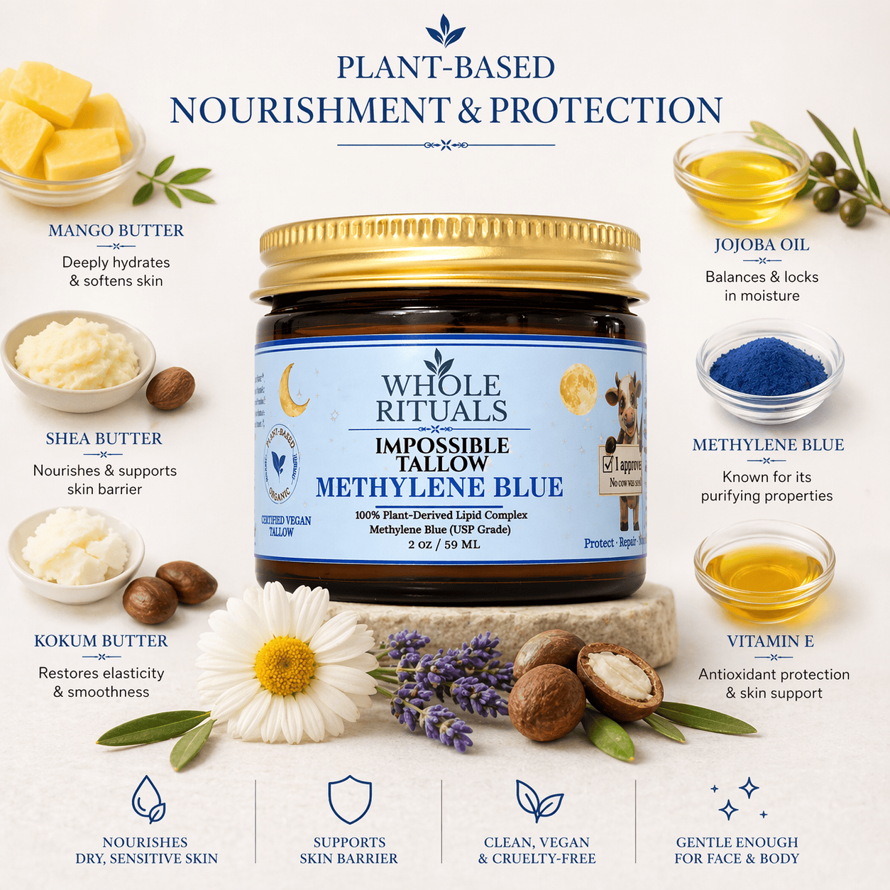 Whole Rituals Face Moisturizer Vegan Tallow Methylene Blue Deep Repair Moisturizer