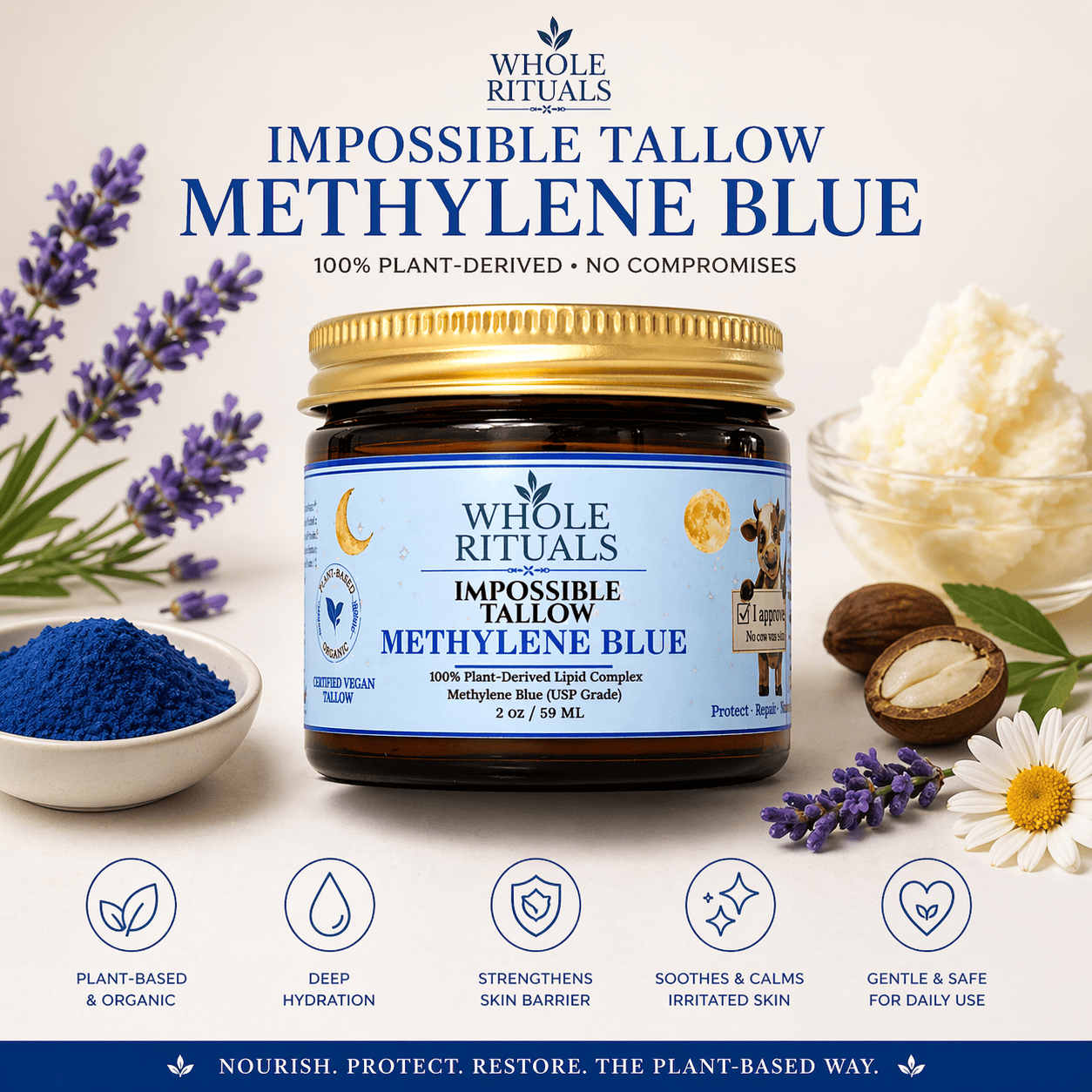 Whole Rituals Face Moisturizer Vegan Tallow Methylene Blue Deep Repair Moisturizer