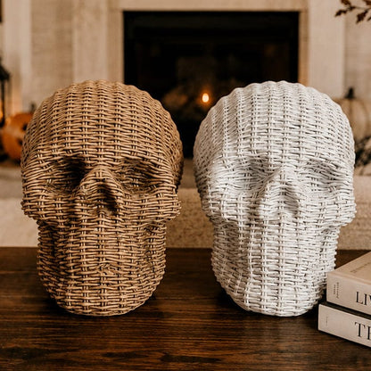 Gia Roma Basket Weave Statue 2pk-1 of Each Color Skull Me Rattan-Style Skull Decor – Natural &amp; White Resin
