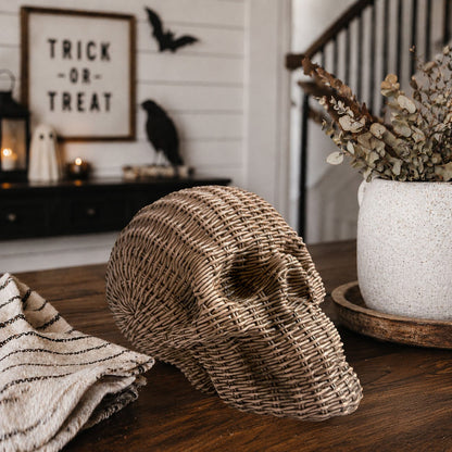 Gia Roma Basket Weave Statue Skull Me Rattan-Style Skull Decor – Natural &amp; White Resin