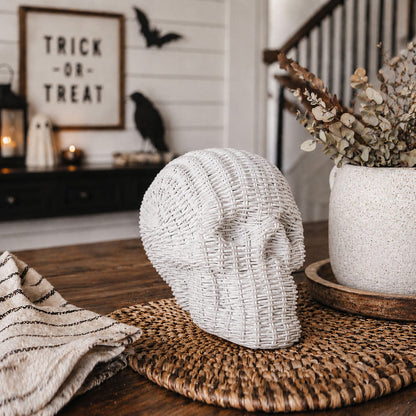 Gia Roma Basket Weave Statue Skull Me Rattan-Style Skull Decor – Natural &amp; White Resin