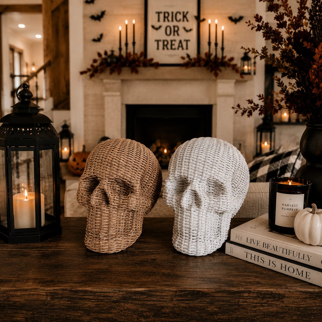Gia Roma Basket Weave Statue Skull Me Rattan-Style Skull Decor – Natural &amp; White Resin