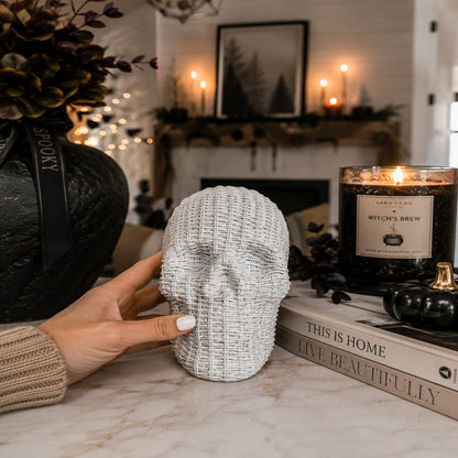 Gia Roma Basket Weave Statue White 1 Skull Me Rattan-Style Skull Decor – Natural &amp; White Resin
