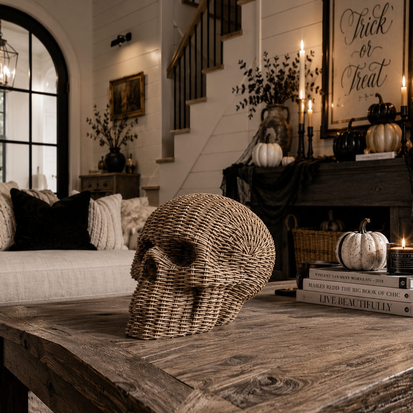 Gia Roma Basket Weave Statue Skull Me Rattan-Style Skull Decor – Natural &amp; White Resin