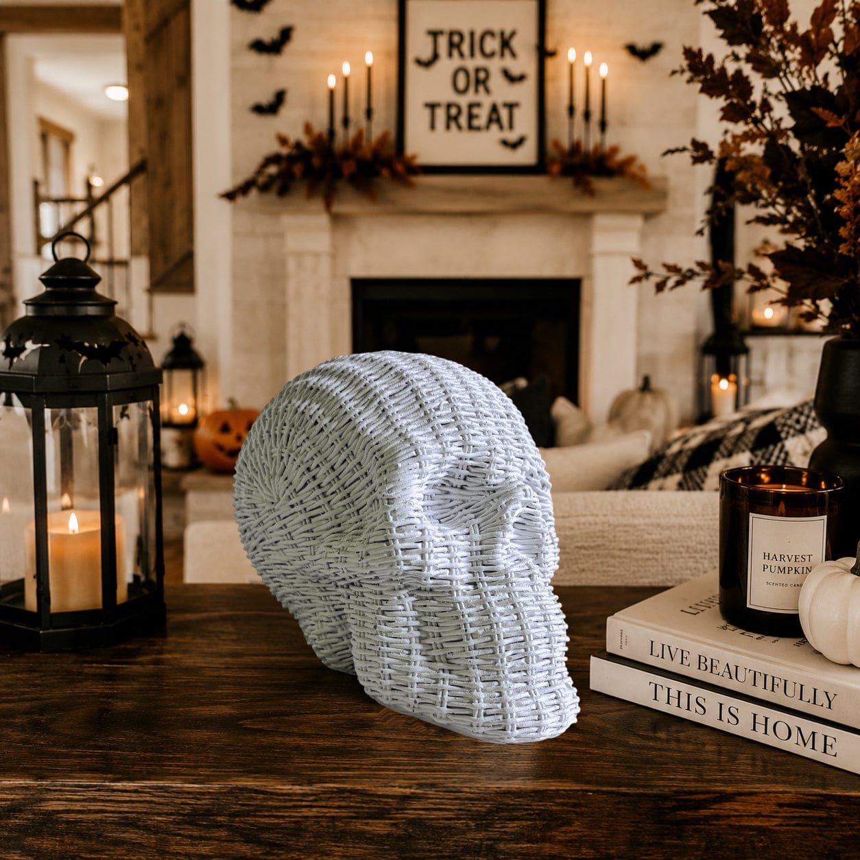 Gia Roma Basket Weave Statue Skull Me Rattan-Style Skull Decor – Natural &amp; White Resin