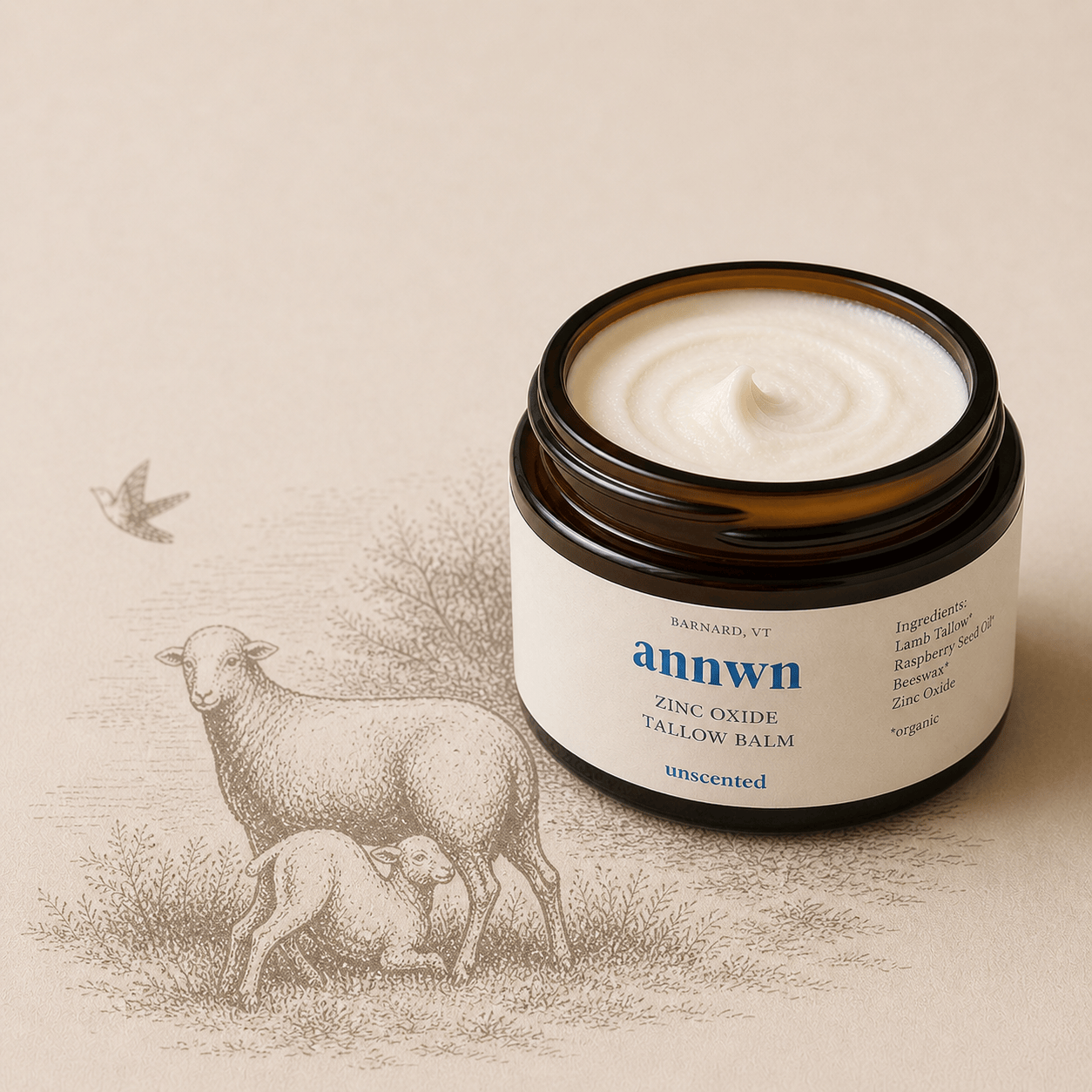 Annwn Sunscreen Zinc Oxide Lamb Tallow Balm – Mineral Barrier Balm – Unscented