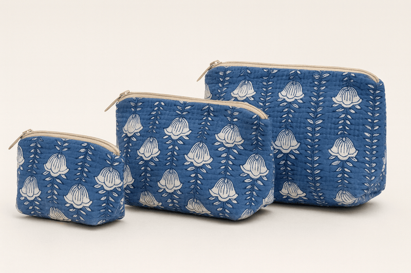 Erin Donahue Tice Tote Bag Set of 3 Blue Blooms Cosmetic Bag