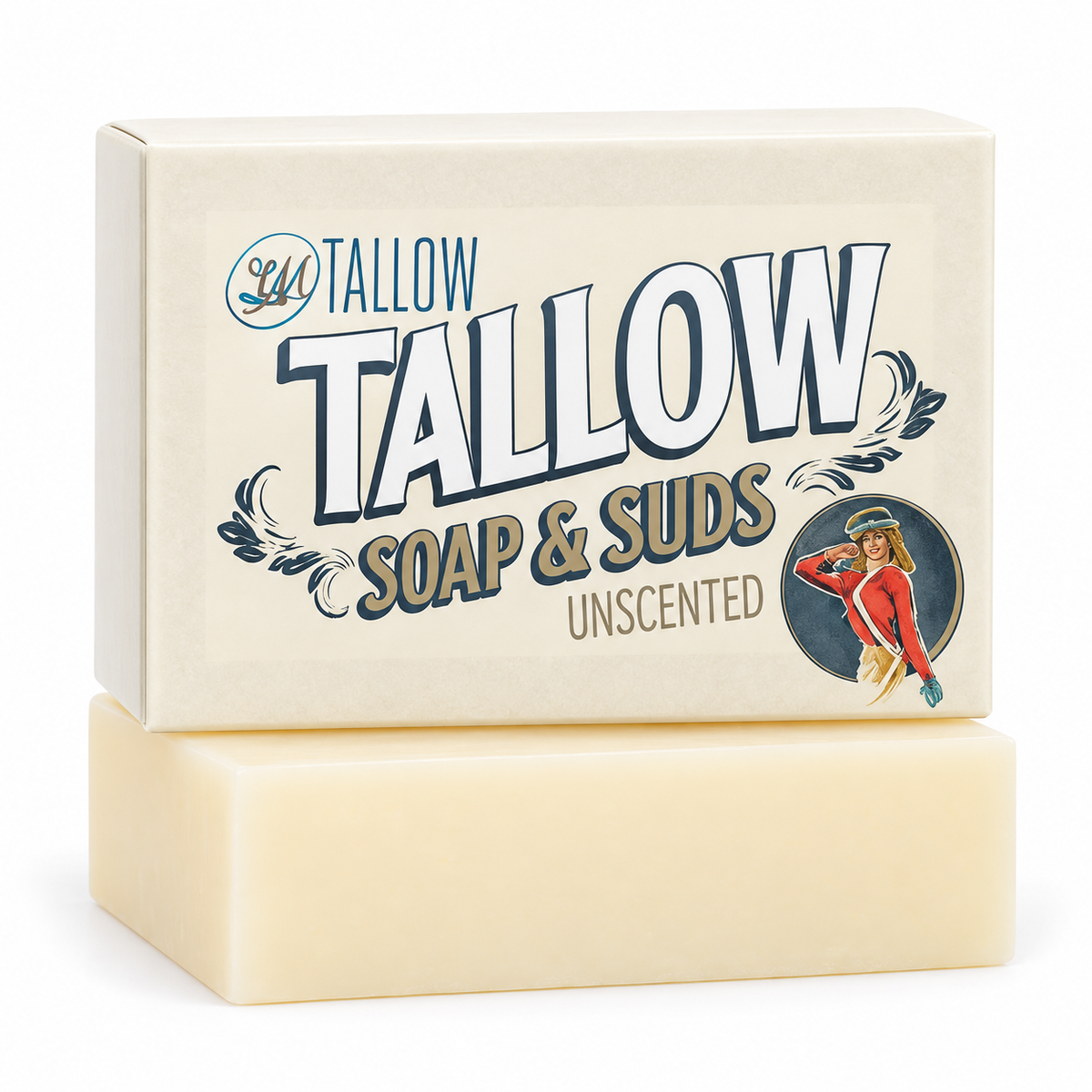 A bar of Tallow Soap &amp; Suds unscented soap resting on its cream-colored cardboard packaging box, set against a clean white background.