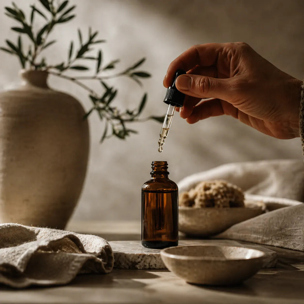 Hand using a dropper to add liquid to an amber bottle on a rustic setting with plants and bowls.