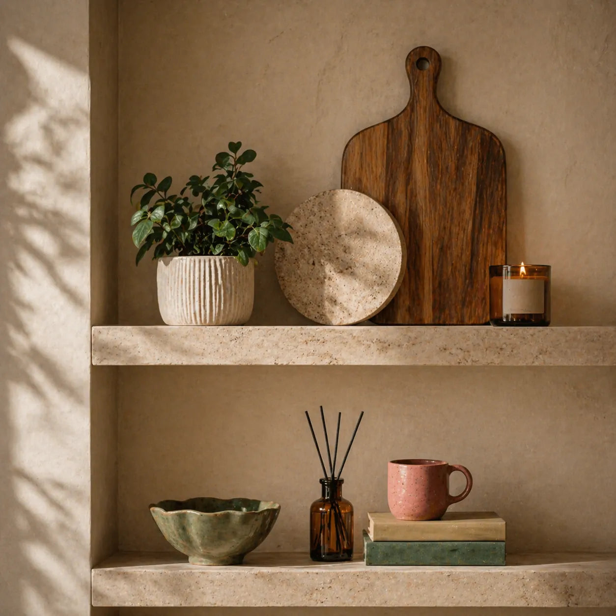 Shelves with decorative items including a plant, cutting board, and books against a beige wall.