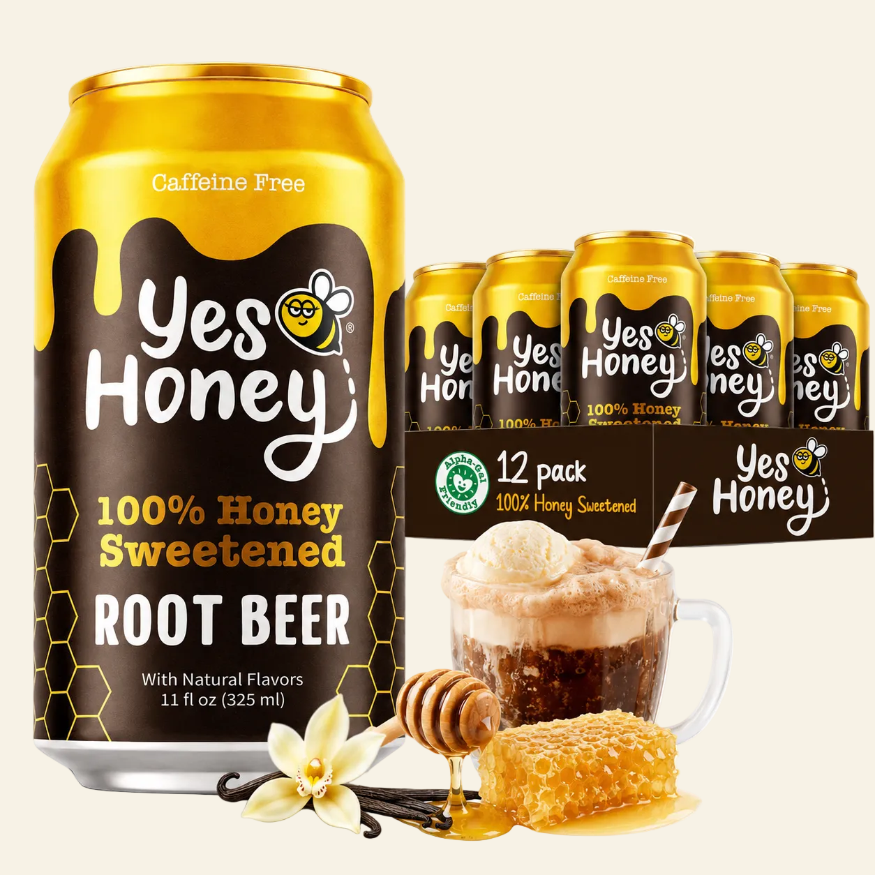 A 12-pack of Yes Honey 100% Honey Sweetened Root Beer cans, shown alongside a glass of the beverage topped with vanilla ice, a honey dipper, and a honeycomb piece on a clean white background.