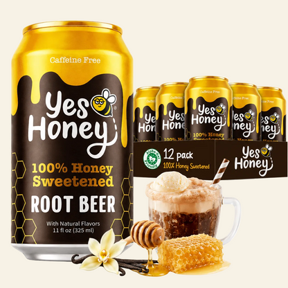 A 12-pack of Yes Honey 100% Honey Sweetened Root Beer cans, shown alongside a glass of the beverage topped with vanilla ice, a honey dipper, and a honeycomb piece on a clean white background.