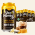A 12-pack of Yes Honey 100% Honey Sweetened Root Beer cans, shown alongside a glass of the beverage topped with vanilla ice, a honey dipper, and a honeycomb piece on a clean white background.