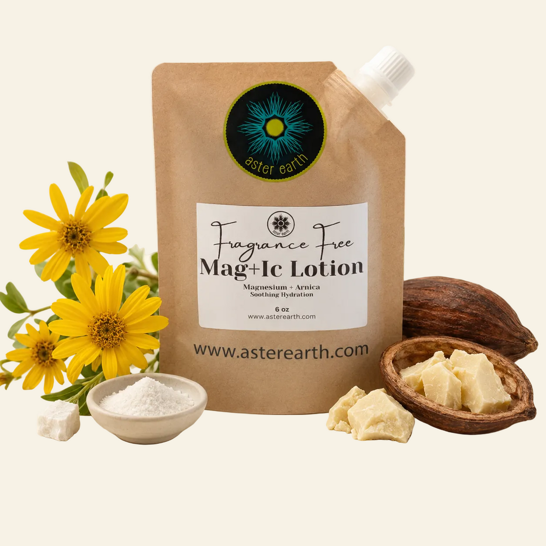 A stand-up pouch of Aster Earth Fragrance Free Mag+lc Lotion centered on a light cream background, surrounded by yellow flowers, a small bowl of white powder, cream pieces, and a nut shell. Four feature icons along the bottom read Magnesium + Arnica, Soothing Hydration, Fragrance-Free, and Post-Workout + Evening Routine.