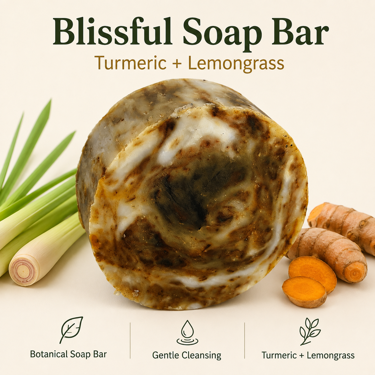 A round artisanal soap bar labeled &
