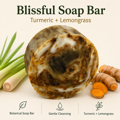 A round artisanal soap bar labeled &