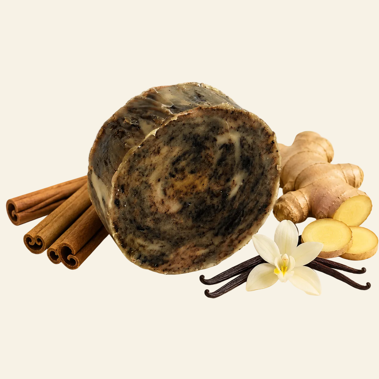 Chai soap bar with cinnamon, ginger, and vanilla ingredients displayed on a warm cream background with text reading &