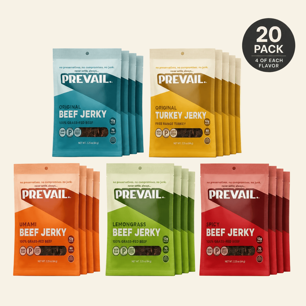 Six packs of Prevail beef jerky dog treats arranged in a 2x3 grid on a light beige background, with a black circular badge in the top right reading &