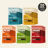 Six packs of Prevail beef jerky dog treats arranged in a 2x3 grid on a light beige background, with a black circular badge in the top right reading &