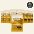 Eight bags of Prevail Original Turkey Jerky arranged in a row, with one bag in front and a black circular &