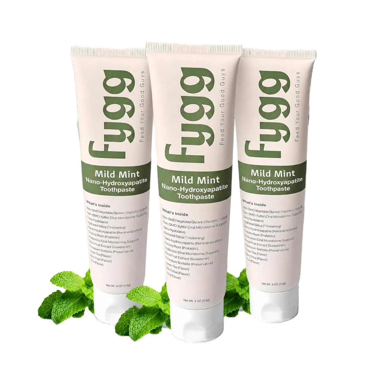 Three tubes of Fygg Mild Mint Nano-Hydroxyapatite Toothpaste arranged in a fan shape with mint leaves at the base, set against a black background with a light mint splash graphic.