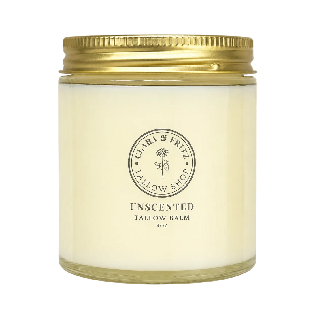 A 4oz jar candle from Clara &amp; Frizz Tallow Shop, Unscented Tallow Balm. The candle is in a clear glass jar filled with creamy off-white wax, featuring a metallic gold screw-on lid and a black printed logo on the front.