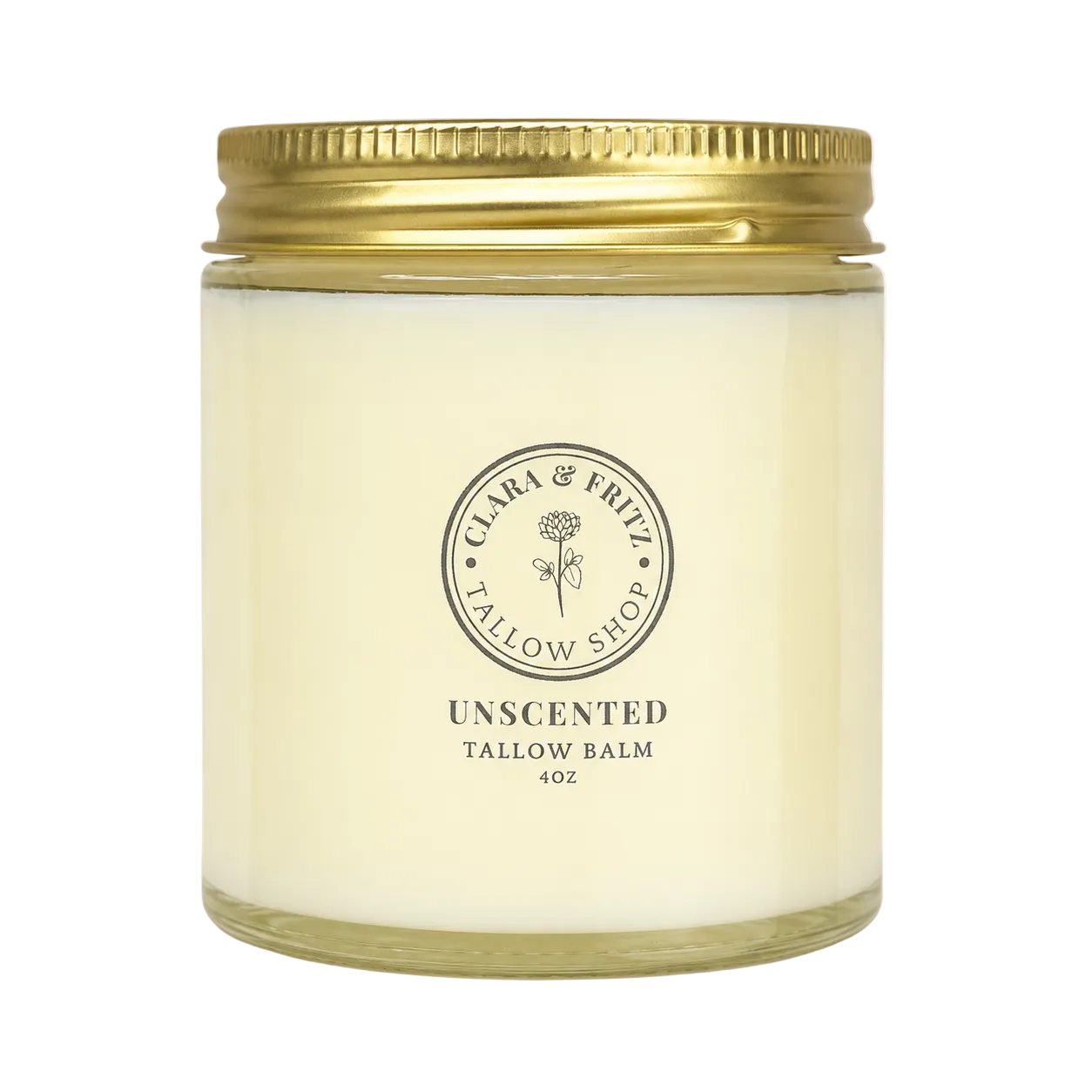 A 4oz jar candle from Clara &amp; Frizz Tallow Shop, Unscented Tallow Balm. The candle is in a clear glass jar filled with creamy off-white wax, featuring a metallic gold screw-on lid and a black printed logo on the front.