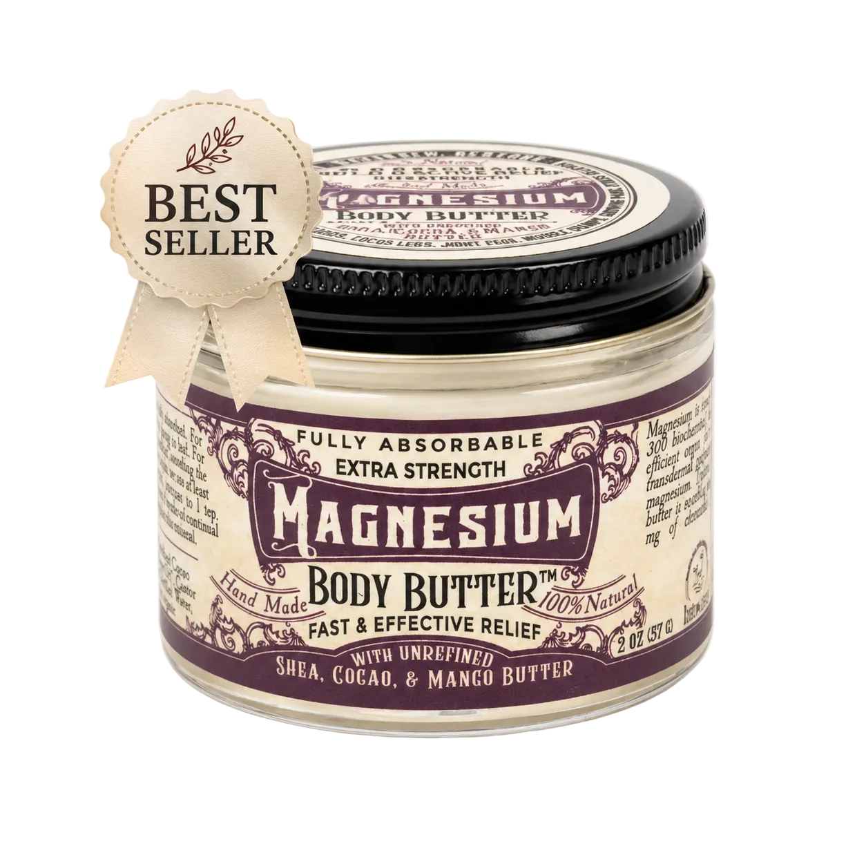 Jar of magnesium body butter with purple label on a white background