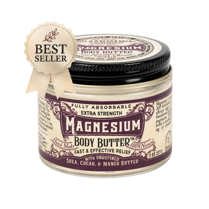 Jar of magnesium body butter with purple label on a white background