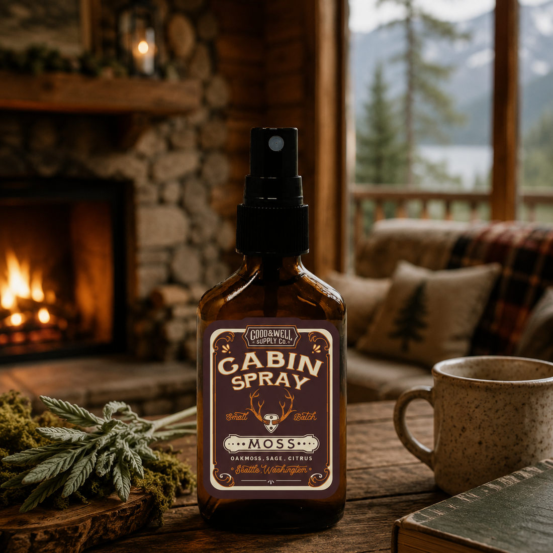 Bottle of Cabin Spray on a wooden table with a cozy cabin background